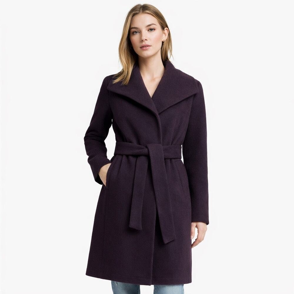 Calvin Klein Belted Wrap Car Coat 16 Petite Wool Blend Deep Purple Knee Length